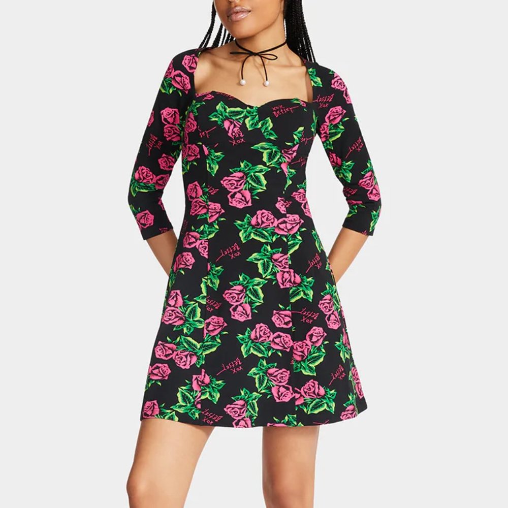 Betsey Johnson 80th Bash Graphic Rose Print Sweetheart Dress, Size XXL NWT
